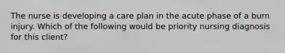 The nurse is developing a care plan in the acute phase of a burn injury. Which of the following would be priority nursing diagnosis for this client?