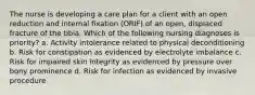 The nurse is developing a care plan for a client with an open reduction and internal fixation (ORIF) of an open, displaced fracture of the tibia. Which of the following nursing diagnoses is priority? a. Activity intolerance related to physical deconditioning b. Risk for constipation as evidenced by electrolyte imbalance c. Risk for impaired skin integrity as evidenced by pressure over bony prominence d. Risk for infection as evidenced by invasive procedure