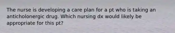 The nurse is developing a care plan for a pt who is taking an anticholonergic drug. Which nursing dx would likely be appropriate for this pt?