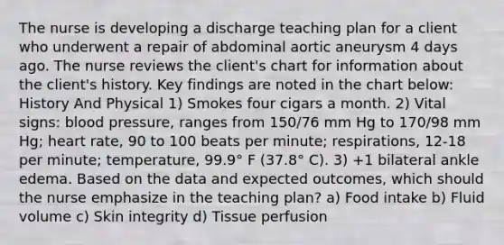 The nurse is developing a discharge teaching plan for a client who underwent a repair of abdominal aortic aneurysm 4 days ago. The nurse reviews the client's chart for information about the client's history. Key findings are noted in the chart below: History And Physical 1) Smokes four cigars a month. 2) Vital signs: blood pressure, ranges from 150/76 mm Hg to 170/98 mm Hg; heart rate, 90 to 100 beats per minute; respirations, 12-18 per minute; temperature, 99.9° F (37.8° C). 3) +1 bilateral ankle edema. Based on the data and expected outcomes, which should the nurse emphasize in the teaching plan? a) Food intake b) Fluid volume c) Skin integrity d) Tissue perfusion