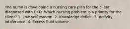 The nurse is developing a nursing care plan for the client diagnosed with CKD. Which nursing problem is a priority for the client? 1. Low self-esteem. 2. Knowledge deficit. 3. Activity intolerance. 4. Excess fluid volume.