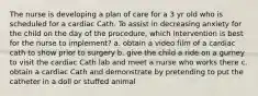 The nurse is developing a plan of care for a 3 yr old who is scheduled for a cardiac Cath. To assist in decreasing anxiety for the child on the day of the procedure, which intervention is best for the nurse to implement? a. obtain a video film of a cardiac cath to show prior to surgery b. give the child a ride on a gurney to visit the cardiac Cath lab and meet a nurse who works there c. obtain a cardiac Cath and demonstrate by pretending to put the catheter in a doll or stuffed animal