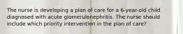 The nurse is developing a plan of care for a 6-year-old child diagnosed with acute glomerulonephritis. The nurse should include which priority intervention in the plan of care?