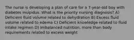 The nurse is developing a plan of care for a 7-year-old boy with diabetes insipidus. What is the priority nursing diagnosis? A) Deficient fluid volume related to dehydration B) Excess fluid volume related to edema C) Deficient knowledge related to fluid intake regimen D) Imbalanced nutrition, more than body requirements related to excess weight