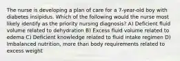 The nurse is developing a plan of care for a 7-year-old boy with diabetes insipidus. Which of the following would the nurse most likely identify as the priority nursing diagnosis? A) Deficient fluid volume related to dehydration B) Excess fluid volume related to edema C) Deficient knowledge related to fluid intake regimen D) Imbalanced nutrition, more than body requirements related to excess weight