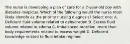 The nurse is developing a plan of care for a 7-year-old boy with diabetes insipidus. Which of the following would the nurse most likely identify as the priority nursing diagnosis? Select one: A. Deficient fluid volume related to dehydration B. Excess fluid volume related to edema C. Imbalanced nutrition, more than body requirements related to excess weight D. Deficient knowledge related to fluid intake regimen