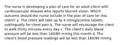 The nurse is developing a plan of care for an adult client with cardiovascular disease who reports blurred vision. Which outcome should the nurse include in the plan of care for this client? a. The client will take up to 4 nitroglycerine tablets sublingually for chest pain b. The nurse will encourage the client to walk thirty minutes every day c. The client's daily blood pressure will be less than 140/80 mmhg this month d. The client's blood pressure readings will be less than 160/90 mmhg