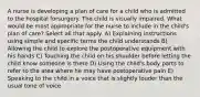 A nurse is developing a plan of care for a child who is admitted to the hospital forsurgery. The child is visually impaired. What would be most appropriate for the nurse to include in the child's plan of care? Select all that apply. A) Explaining instructions using simple and specific terms the child understands B) Allowing the child to explore the postoperative equipment with his hands C) Touching the child on his shoulder before letting the child know someone is there D) Using the child's body parts to refer to the area where he may have postoperative pain E) Speaking to the child in a voice that is slightly louder than the usual tone of voice