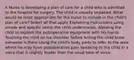 A Nurse is developing a plan of care for a child who is admitted to the hospital for surgery. The child is visually impaired. What would be most appropriate for the nurse to include in the child's plan of care? Select all that apply Explaining instructions using simple and specific terms the child understands. Allowing the child to explore the postoperative equipment with his hands Touching the child on his shoulder before letting the child know someone is there Using the child's body parts to refer to the area where he may have postoperative pain Speaking to the child in a voice that is slightly louder than the usual tone of voice.