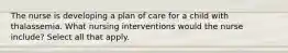 The nurse is developing a plan of care for a child with thalassemia. What nursing interventions would the nurse include? Select all that apply.