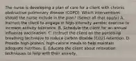 The nurse is developing a plan of care for a client with chronic obstructive pulmonary disease (COPD). Which interventions should the nurse include in the plan? (Select all that apply.) A. Instruct the client to engage in high-intensity aerobic exercise to increase activity tolerance. B. Schedule the client for an annual influenza vaccination. C. Instruct the client on the pursed-lip breathing technique to reduce carbon dioxide (CO2) retention. D. Provide high-protein, high-calorie meals to help maintain adequate nutrition. E. Educate the client about relaxation techniques to help with their anxiety.