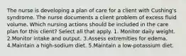 The nurse is developing a plan of care for a client with Cushing's syndrome. The nurse documents a client problem of excess fluid volume. Which nursing actions should be included in the care plan for this client? Select all that apply. 1. Monitor daily weight. 2.Monitor intake and output. 3.Assess extremities for edema. 4.Maintain a high-sodium diet. 5.Maintain a low-potassium diet.