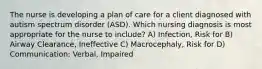 The nurse is developing a plan of care for a client diagnosed with autism spectrum disorder​ (ASD). Which nursing diagnosis is most appropriate for the nurse to​ include? A) Infection, Risk for B) Airway​ Clearance, Ineffective C) Macrocephaly, Risk for D) Communication: Verbal, Impaired