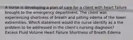 A nurse is developing a plan of care for a client with heart failure brought to the emergency department. The client was experiencing shortness of breath and pitting edema of the lower extremities. Which statement would the nurse identify as a the problem to be addressed in the client's nursing diagnosis? Excess Fluid Volume Heart Failure Shortness of Breath Edema