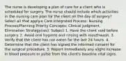 The nurse is developing a plan of care for a client who is scheduled for surgery. The nurse should include which activities in the nursing care plan for the client on the day of surgery? Select all that apply.e Care Integrated Process: Nursing Process/Planning Priority Concepts: Clinical Judgment, Elimination Strategy(ies): Subject 1. Have the client void before surgery. 2. Avoid oral hygiene and rinsing with mouthwash. 3. Verify that the client has not eaten for the last 24 hours. 4. Determine that the client has signed the informed consent for the surgical procedure. 5. Report immediately any slight increase in blood pressure or pulse from the client's baseline vital signs.