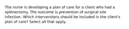 The nurse is developing a plan of care for a client who had a splenectomy. The outcome is prevention of surgical site infection. Which interventions should be included in the client's plan of care? Select all that apply.