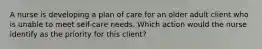 A nurse is developing a plan of care for an older adult client who is unable to meet self-care needs. Which action would the nurse identify as the priority for this client?