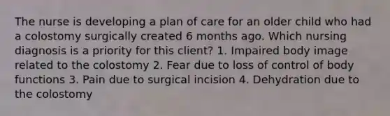 The nurse is developing a plan of care for an older child who had a colostomy surgically created 6 months ago. Which nursing diagnosis is a priority for this client? 1. Impaired body image related to the colostomy 2. Fear due to loss of control of body functions 3. Pain due to surgical incision 4. Dehydration due to the colostomy