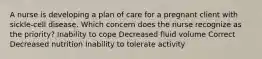 A nurse is developing a plan of care for a pregnant client with sickle-cell disease. Which concern does the nurse recognize as the priority? Inability to cope Decreased fluid volume Correct Decreased nutrition Inability to tolerate activity