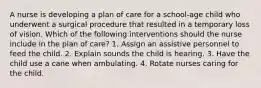 A nurse is developing a plan of care for a school-age child who underwent a surgical procedure that resulted in a temporary loss of vision. Which of the following interventions should the nurse include in the plan of care? 1. Assign an assistive personnel to feed the child. 2. Explain sounds the child is hearing. 3. Have the child use a cane when ambulating. 4. Rotate nurses caring for the child.