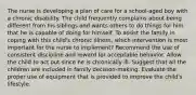 The nurse is developing a plan of care for a school-aged boy with a chronic disability. The child frequently complains about being different from his siblings and wants others to do things for him that he is capable of doing for himself. To assist the family in coping with this child's chronic illness, which intervention is most important for the nurse to implement? Recommend the use of consistent discipline and reward for acceptable behavior. Allow the child to act out since he is chronically ill. Suggest that all the children are included in family decision-making. Evaluate the proper use of equipment that is provided to improve the child's lifestyle.