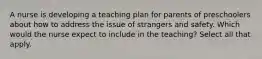 A nurse is developing a teaching plan for parents of preschoolers about how to address the issue of strangers and safety. Which would the nurse expect to include in the teaching? Select all that apply.