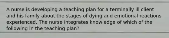 A nurse is developing a teaching plan for a terminally ill client and his family about the stages of dying and emotional reactions experienced. The nurse integrates knowledge of which of the following in the teaching plan?