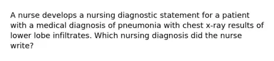 A nurse develops a nursing diagnostic statement for a patient with a medical diagnosis of pneumonia with chest x-ray results of lower lobe infiltrates. Which nursing diagnosis did the nurse write?