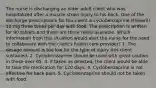 The nurse is discharging an older adult client who was hospitalized after a muscle strain injury to his back. One of the discharge prescriptions for this client is cyclobenzaprine (Flexeril) 10 mg three times per day with food. The prescription is written for 90 tablets and there are three refills available. Which information from this situation would alert the nurse for the need to collaborate with the client's health care provider? 1. The dosage amount is too low for the type of injury this client sustained. 2. Cyclobenzaprine should be used with great caution in those over 65. 3. If taken as directed, the client would be able to take the medication for 120 days. 4. Cyclobenzaprine is not effective for back pain. 5. Cyclobenzaprine should not be taken with food.