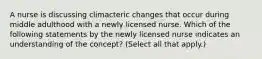 A nurse is discussing climacteric changes that occur during middle adulthood with a newly licensed nurse. Which of the following statements by the newly licensed nurse indicates an understanding of the concept? (Select all that apply.)