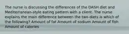 The nurse is discussing the differences of the DASH diet and Mediterranean-style eating pattern with a client. The nurse explains the main difference between the two diets is which of the following? Amount of fat Amount of sodium Amount of fish Amount of calories