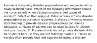 A nurse is discussing disaster preparedness and response with a newly licensed nurse. Which of the following information should the nurse include when discussing schools and places of worship? (Select all that apply.) A. Public schools provide disaster preparedness education to students. B. Places of worship receive state funding to provide disaster preparedness community education. C. Places of worship can be used as sites for shelter during a disaster. D. Private schools do not provide disaster drills for students because they are not federally funded. E. Places of worship often provide food and supplies following a disaster.