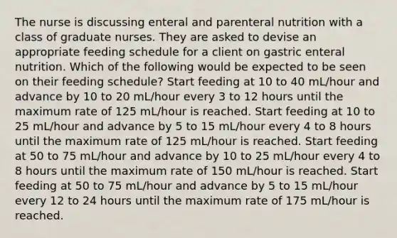 The nurse is discussing enteral and parenteral nutrition with a class of graduate nurses. They are asked to devise an appropriate feeding schedule for a client on gastric enteral nutrition. Which of the following would be expected to be seen on their feeding schedule? Start feeding at 10 to 40 mL/hour and advance by 10 to 20 mL/hour every 3 to 12 hours until the maximum rate of 125 mL/hour is reached. Start feeding at 10 to 25 mL/hour and advance by 5 to 15 mL/hour every 4 to 8 hours until the maximum rate of 125 mL/hour is reached. Start feeding at 50 to 75 mL/hour and advance by 10 to 25 mL/hour every 4 to 8 hours until the maximum rate of 150 mL/hour is reached. Start feeding at 50 to 75 mL/hour and advance by 5 to 15 mL/hour every 12 to 24 hours until the maximum rate of 175 mL/hour is reached.