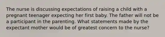 The nurse is discussing expectations of raising a child with a pregnant teenager expecting her first baby. The father will not be a participant in the parenting. What statements made by the expectant mother would be of greatest concern to the nurse?