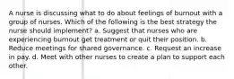 A nurse is discussing what to do about feelings of burnout with a group of nurses. Which of the following is the best strategy the nurse should implement? a. Suggest that nurses who are experiencing burnout get treatment or quit their position. b. Reduce meetings for shared governance. c. Request an increase in pay. d. Meet with other nurses to create a plan to support each other.