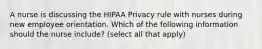 A nurse is discussing the HIPAA Privacy rule with nurses during new employee orientation. Which of the following information should the nurse include? (select all that apply)