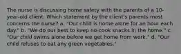 The nurse is discussing home safety with the parents of a 10-year-old client. Which statement by the client's parents most concerns the nurse? a. "Our child is home alone for an hour each day." b. "We do our best to keep no-cook snacks in the home." c. "Our child swims alone before we get home from work." d. "Our child refuses to eat any green vegetables."