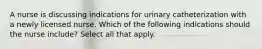 A nurse is discussing indications for urinary catheterization with a newly licensed nurse. Which of the following indications should the nurse include? Select all that apply.