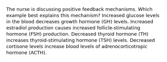 The nurse is discussing positive feedback mechanisms. Which example best explains this mechanism? Increased glucose levels in the blood decreases growth hormone (GH) levels. Increased estradiol production causes increased follicle-stimulating hormone (FSH) production. Decreased thyroid hormone (TH) increases thyroid-stimulating hormone (TSH) levels. Decreased cortisone levels increase blood levels of adrenocorticotropic hormone (ACTH).