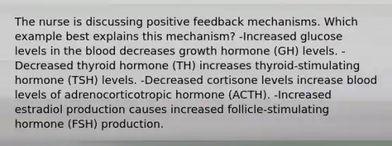 The nurse is discussing positive feedback mechanisms. Which example best explains this mechanism? -Increased glucose levels in the blood decreases growth hormone (GH) levels. -Decreased thyroid hormone (TH) increases thyroid-stimulating hormone (TSH) levels. -Decreased cortisone levels increase blood levels of adrenocorticotropic hormone (ACTH). -Increased estradiol production causes increased follicle-stimulating hormone (FSH) production.