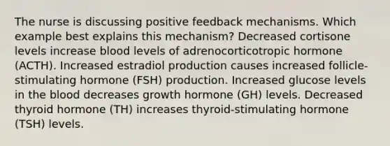 The nurse is discussing positive feedback mechanisms. Which example best explains this mechanism? Decreased cortisone levels increase blood levels of adrenocorticotropic hormone (ACTH). Increased estradiol production causes increased follicle-stimulating hormone (FSH) production. Increased glucose levels in the blood decreases growth hormone (GH) levels. Decreased thyroid hormone (TH) increases thyroid-stimulating hormone (TSH) levels.