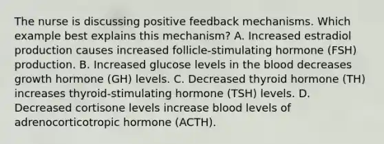 The nurse is discussing positive feedback mechanisms. Which example best explains this mechanism? A. Increased estradiol production causes increased follicle-stimulating hormone (FSH) production. B. Increased glucose levels in the blood decreases growth hormone (GH) levels. C. Decreased thyroid hormone (TH) increases thyroid-stimulating hormone (TSH) levels. D. Decreased cortisone levels increase blood levels of adrenocorticotropic hormone (ACTH).