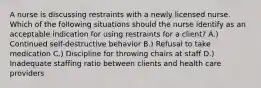 A nurse is discussing restraints with a newly licensed nurse. Which of the following situations should the nurse identify as an acceptable indication for using restraints for a client? A.) Continued self-destructive behavior B.) Refusal to take medication C.) Discipline for throwing chairs at staff D.) Inadequate staffing ratio between clients and health care providers