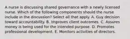 A nurse is discussing shared governance with a newly licensed nurse. Which of the following components should the nurse include in the discussion? Select all that apply. A. Guy decision toward accountability. B. Improves client outcomes. C. Assures money is being used for the intended purpose. D. Promotes professional development. E. Monitors activities of directors.