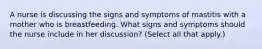 A nurse is discussing the signs and symptoms of mastitis with a mother who is breastfeeding. What signs and symptoms should the nurse include in her discussion? (Select all that apply.)