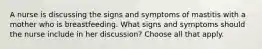 A nurse is discussing the signs and symptoms of mastitis with a mother who is breastfeeding. What signs and symptoms should the nurse include in her discussion? Choose all that apply.