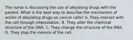 The nurse is discussing the use of alkylating drugs with the patient. What is the best way to describe the mechanism of action of alkylating drugs on cancer cells? A. They interact with the cell through intercalation. B. They alter the chemical structure of the DNA. C. They change the structure of the RNA. D. They stop the meiosis of the cell.