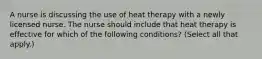 A nurse is discussing the use of heat therapy with a newly licensed nurse. The nurse should include that heat therapy is effective for which of the following conditions? (Select all that apply.)