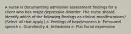 A nurse is documenting admission assessment findings for a client who has major depressive disorder. The nurse should identify which of the following findings as clinical manifestations? (Select all that apply.) a. Feelings of hopelessness b. Pressured speech c. Grandiosity d. Anhedonia e. Flat facial expression