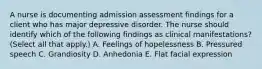 A nurse is documenting admission assessment findings for a client who has major depressive disorder. The nurse should identify which of the following findings as clinical manifestations? (Select all that apply.) A. Feelings of hopelessness B. Pressured speech C. Grandiosity D. Anhedonia E. Flat facial expression